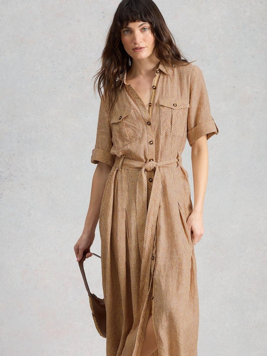 Gestreiftes Midi-Hemdkleid mit Gürtel