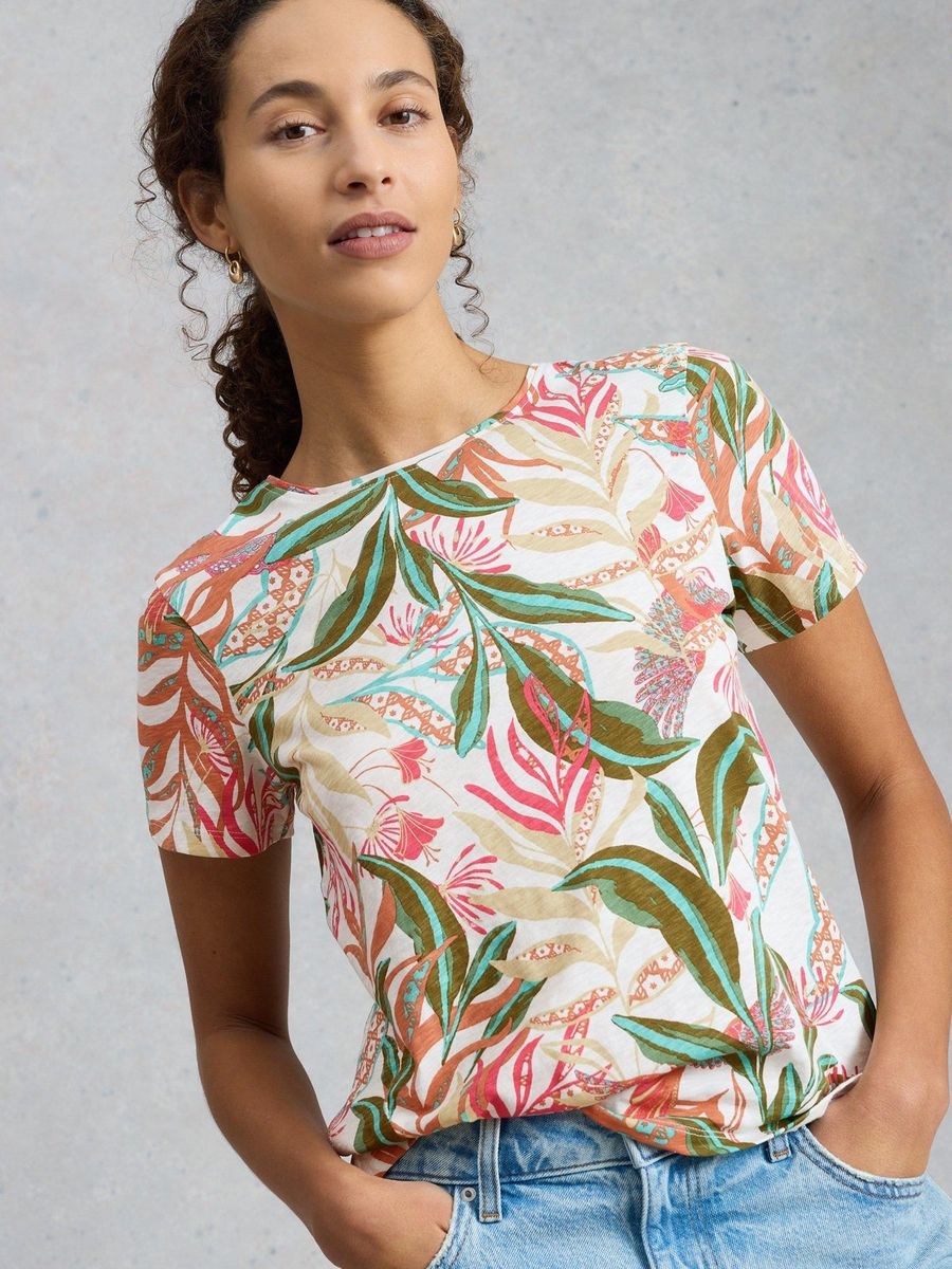 Baumwoll-T-Shirt mit künstlerischem Botanik-Print