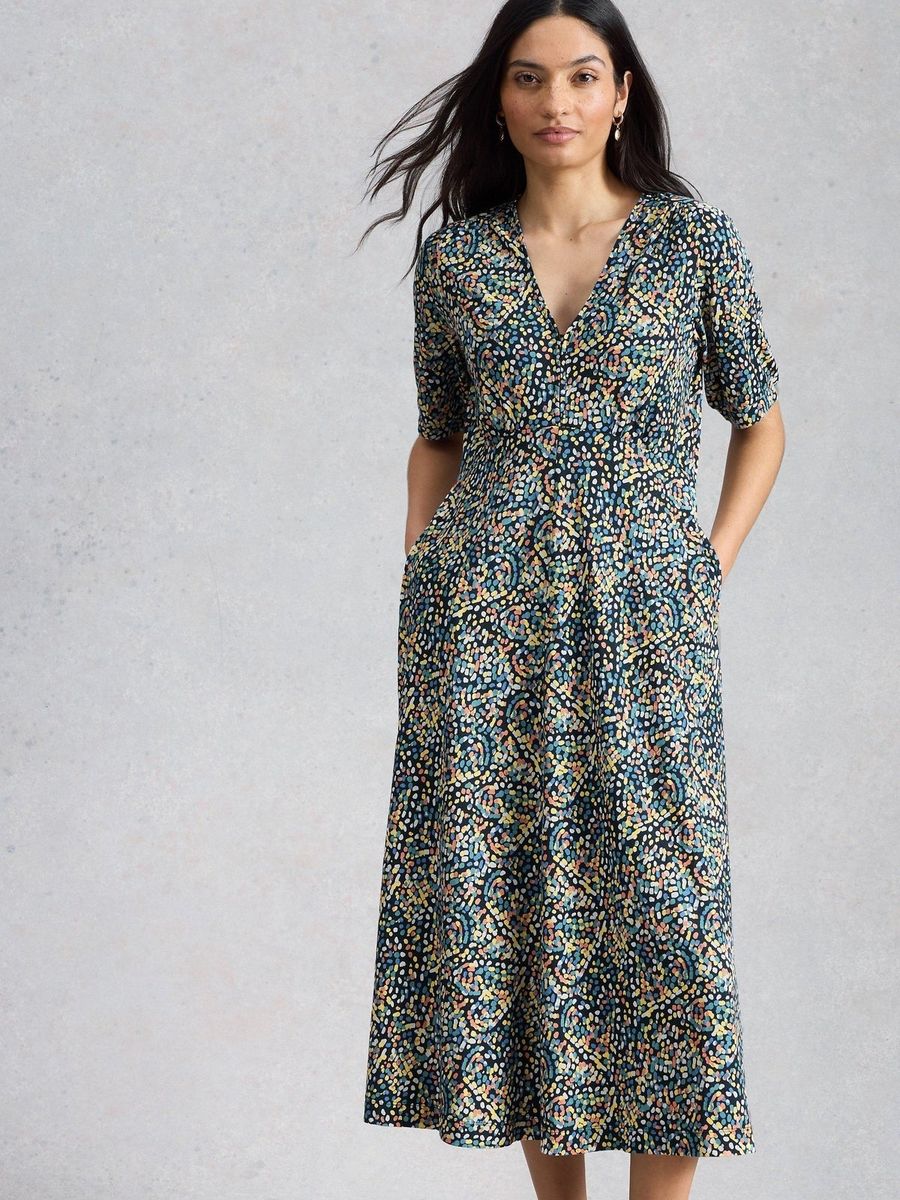 Gemustertes Jersey-Midikleid mit V-Ausschnitt