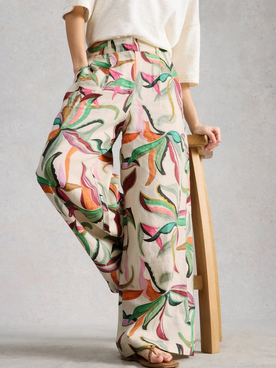 Leinenhose mit tropischem Print und weitem Bein