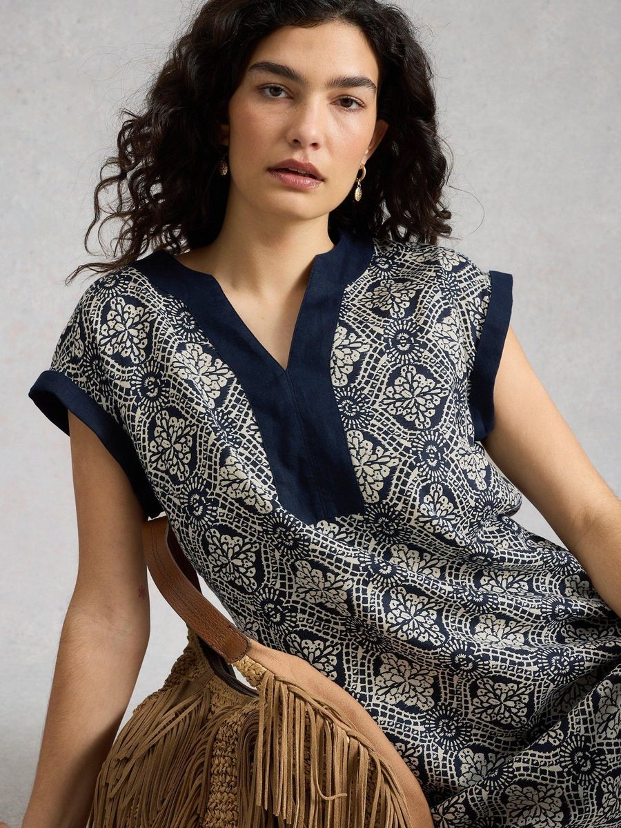 Bedrucktes Leinen-Shiftkleid mit Muster