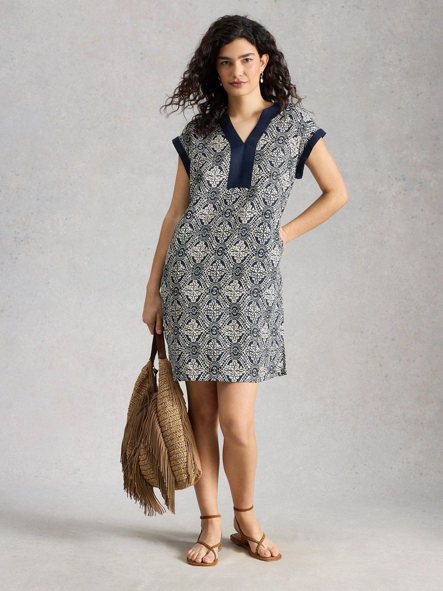 Bedrucktes Leinen-Shiftkleid mit Muster