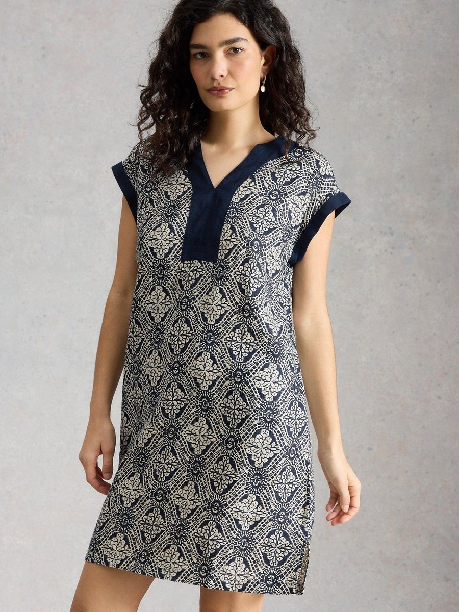 Bedrucktes Leinen-Shiftkleid mit Muster