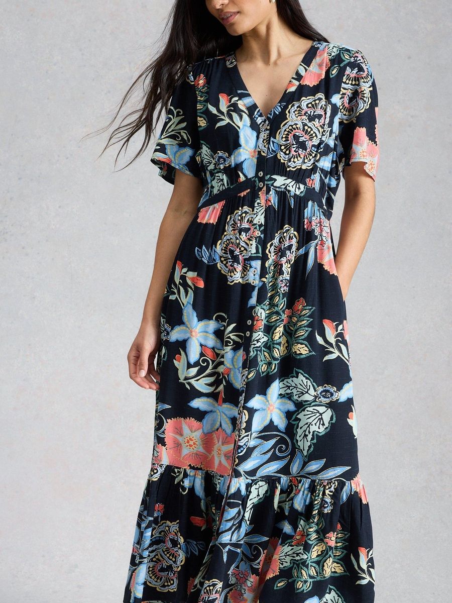 Geblümtes Midi-Stufenkleid mit V-Ausschnitt