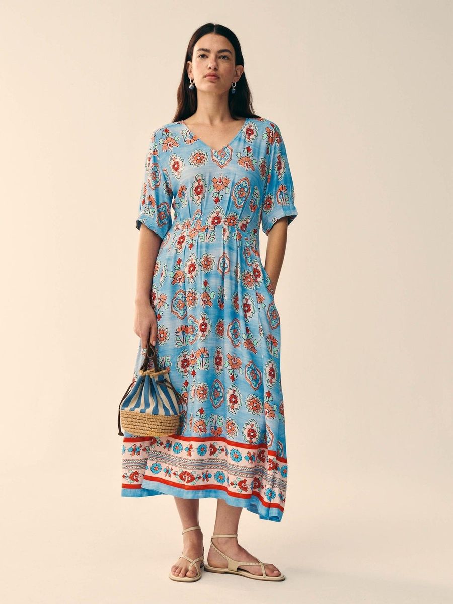 Boho-Midikleid aus Leinenmix mit Blumenmuster