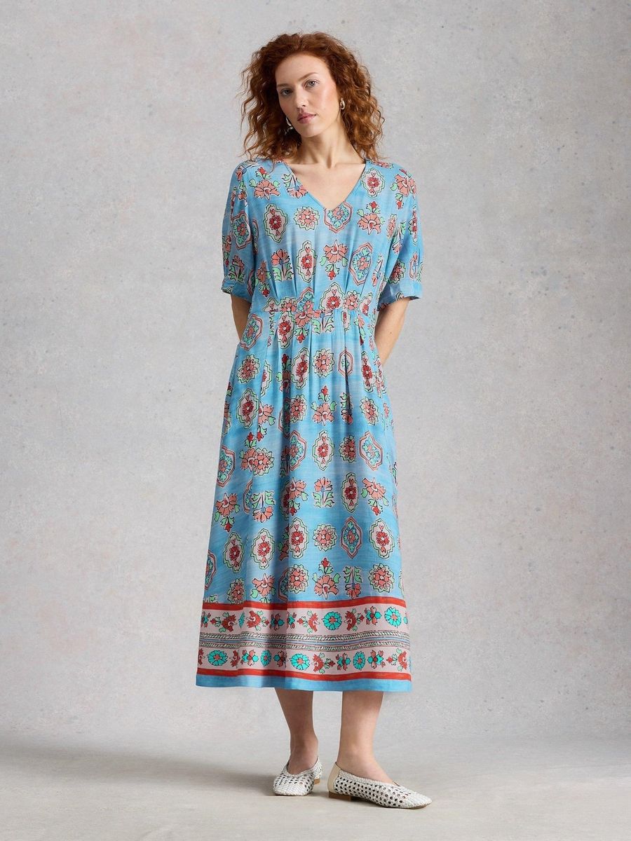Boho-Midikleid aus Leinenmix mit Blumenmuster