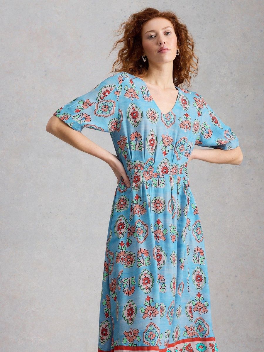 Boho-Midikleid aus Leinenmix mit Blumenmuster