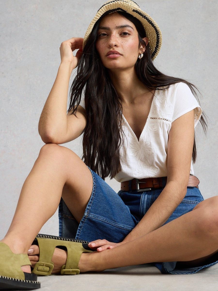 Bestickte Baumwollbluse mit V-Ausschnitt