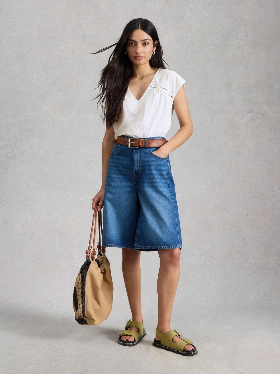 Bestickte Baumwollbluse mit V-Ausschnitt