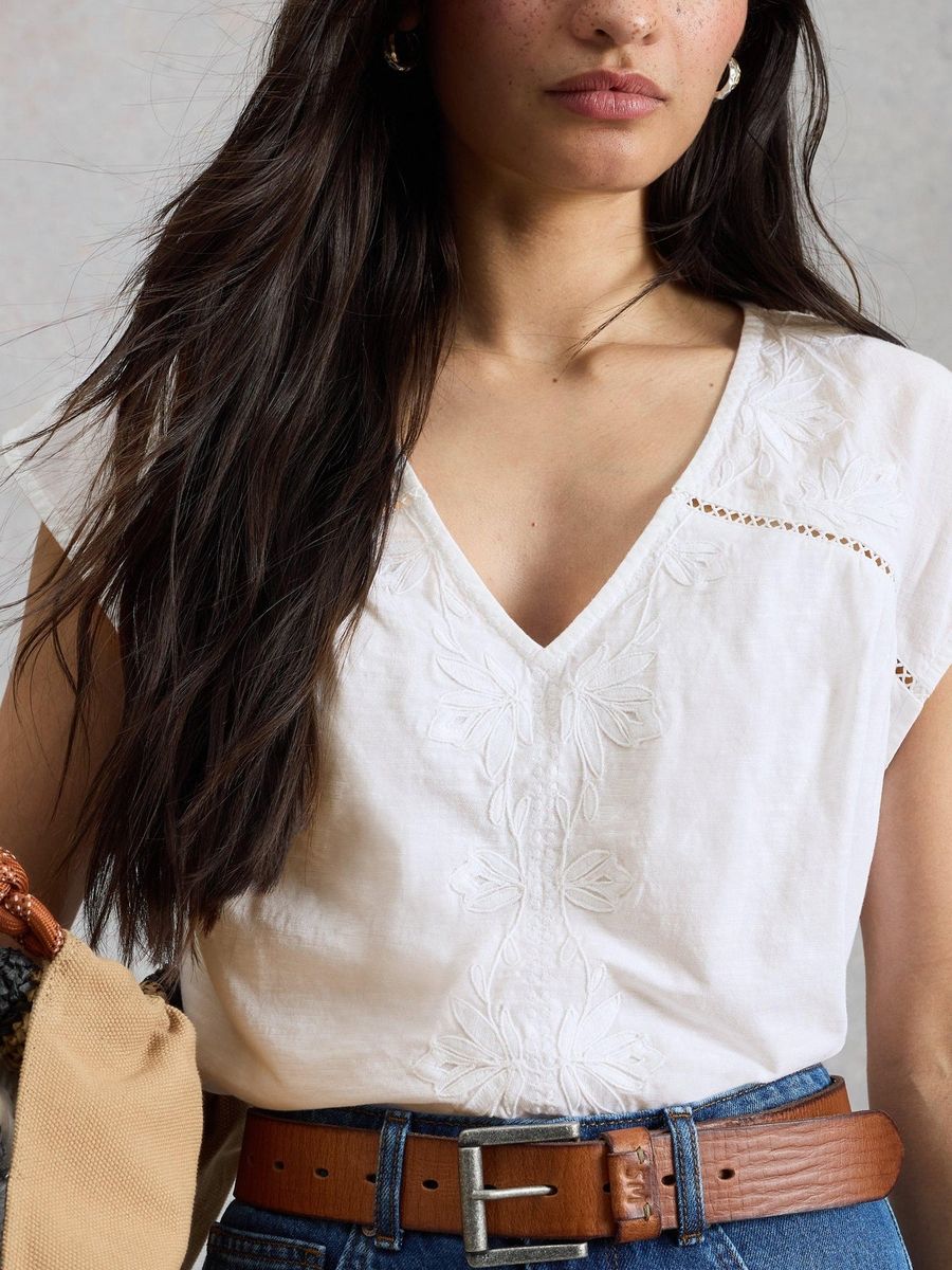 Bestickte Baumwollbluse mit V-Ausschnitt