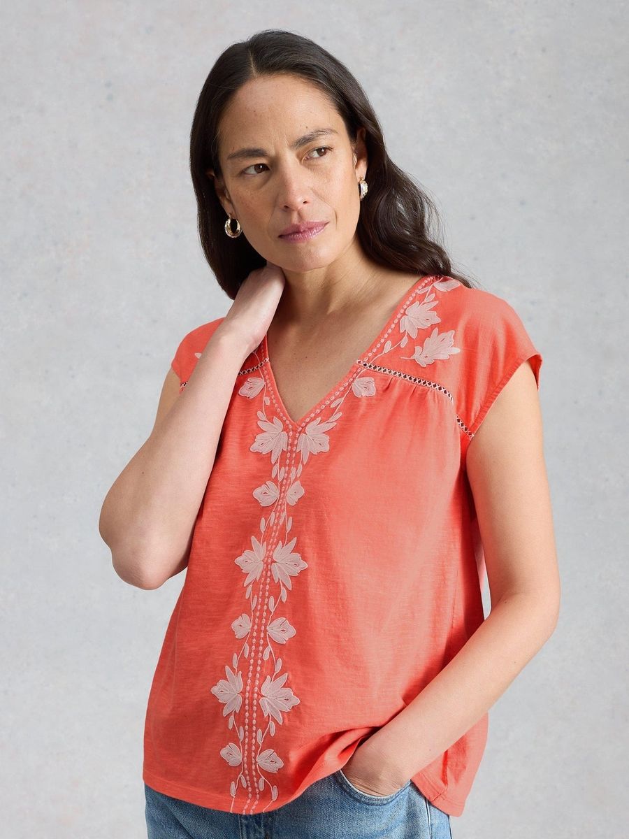 Besticktes Baumwolltop mit Blumenmuster