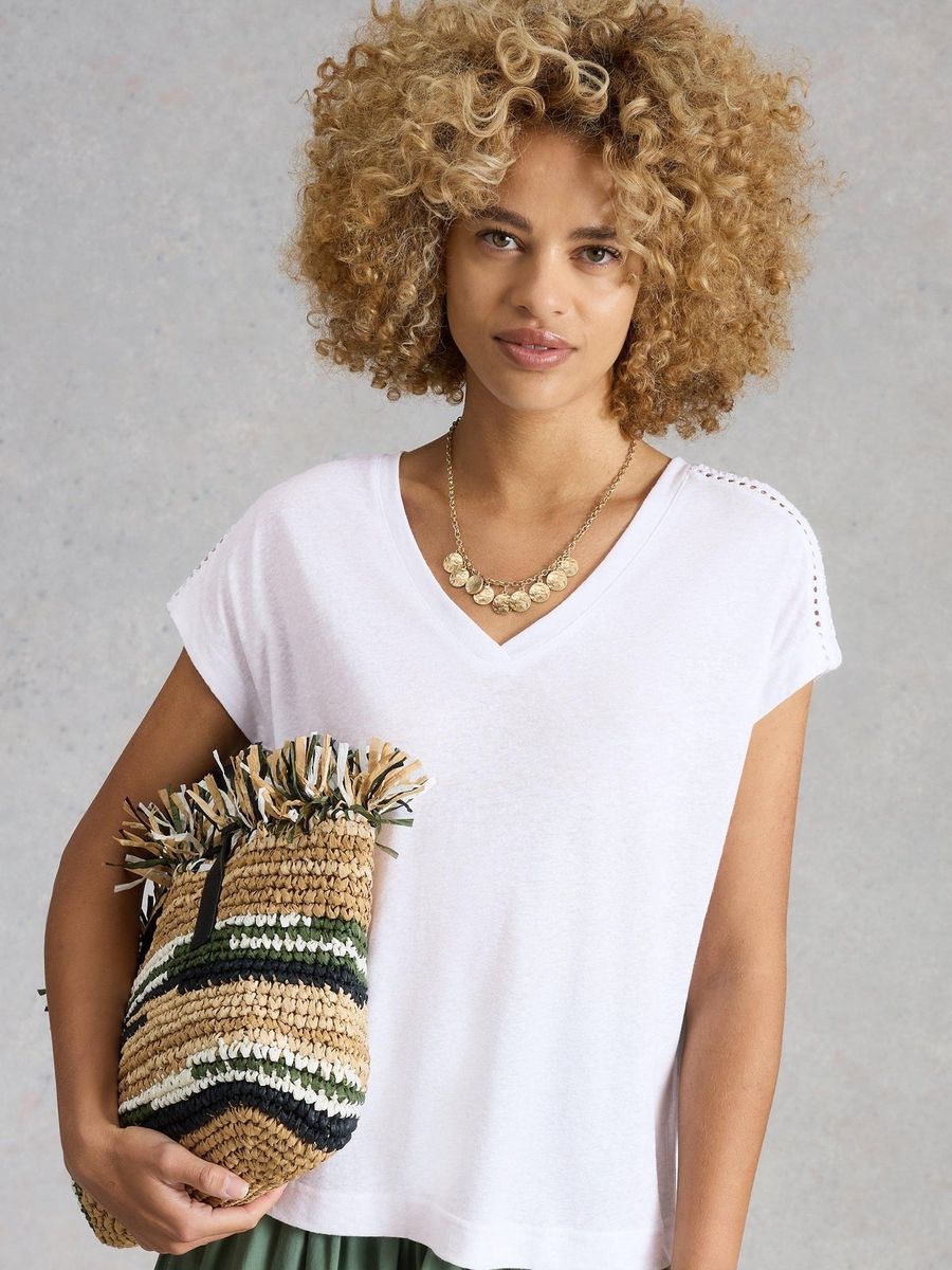 Leinenmischung T-Shirt mit Lochspitze