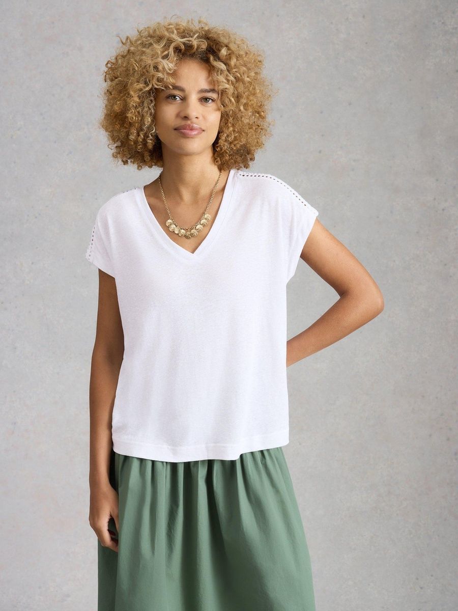 Leinenmischung T-Shirt mit Lochspitze