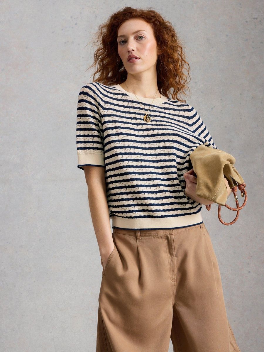 Gestreiftes Pointelle-Stricktop mit Kurzarm