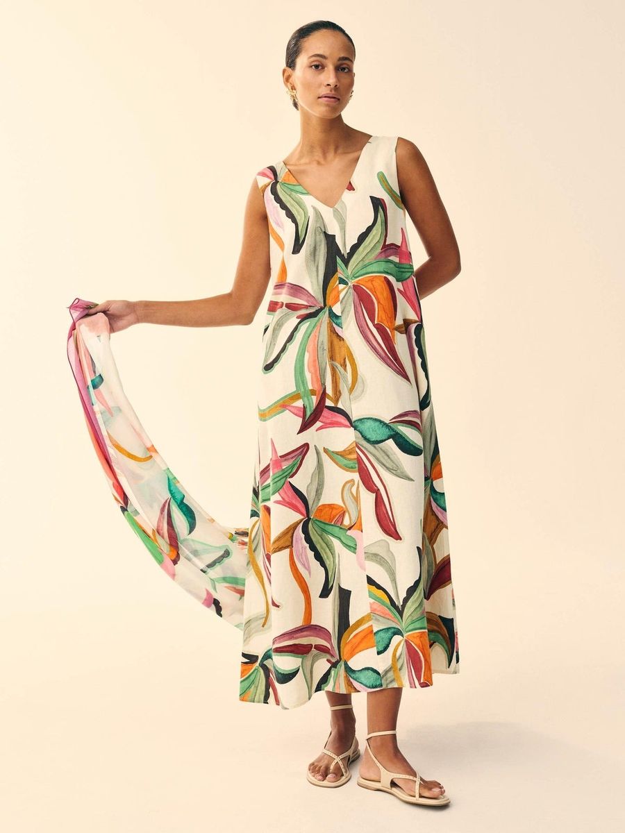 Maxikleid aus Leinenmischung mit Tropenprint