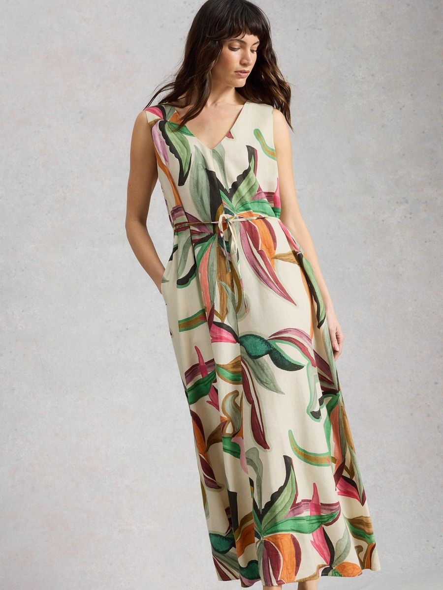 Maxikleid aus Leinenmischung mit Tropenprint