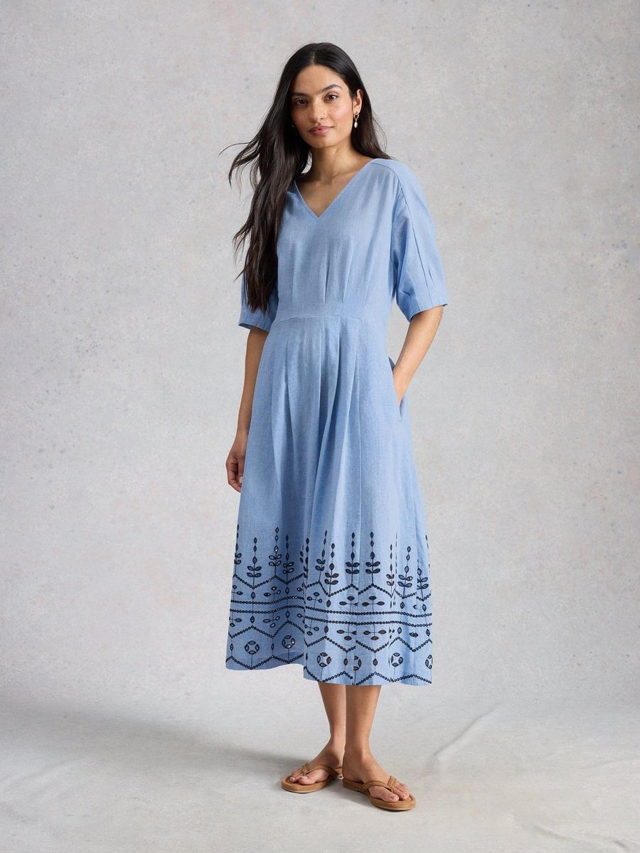 Besticktes Midikleid aus Baumwoll-Leinen