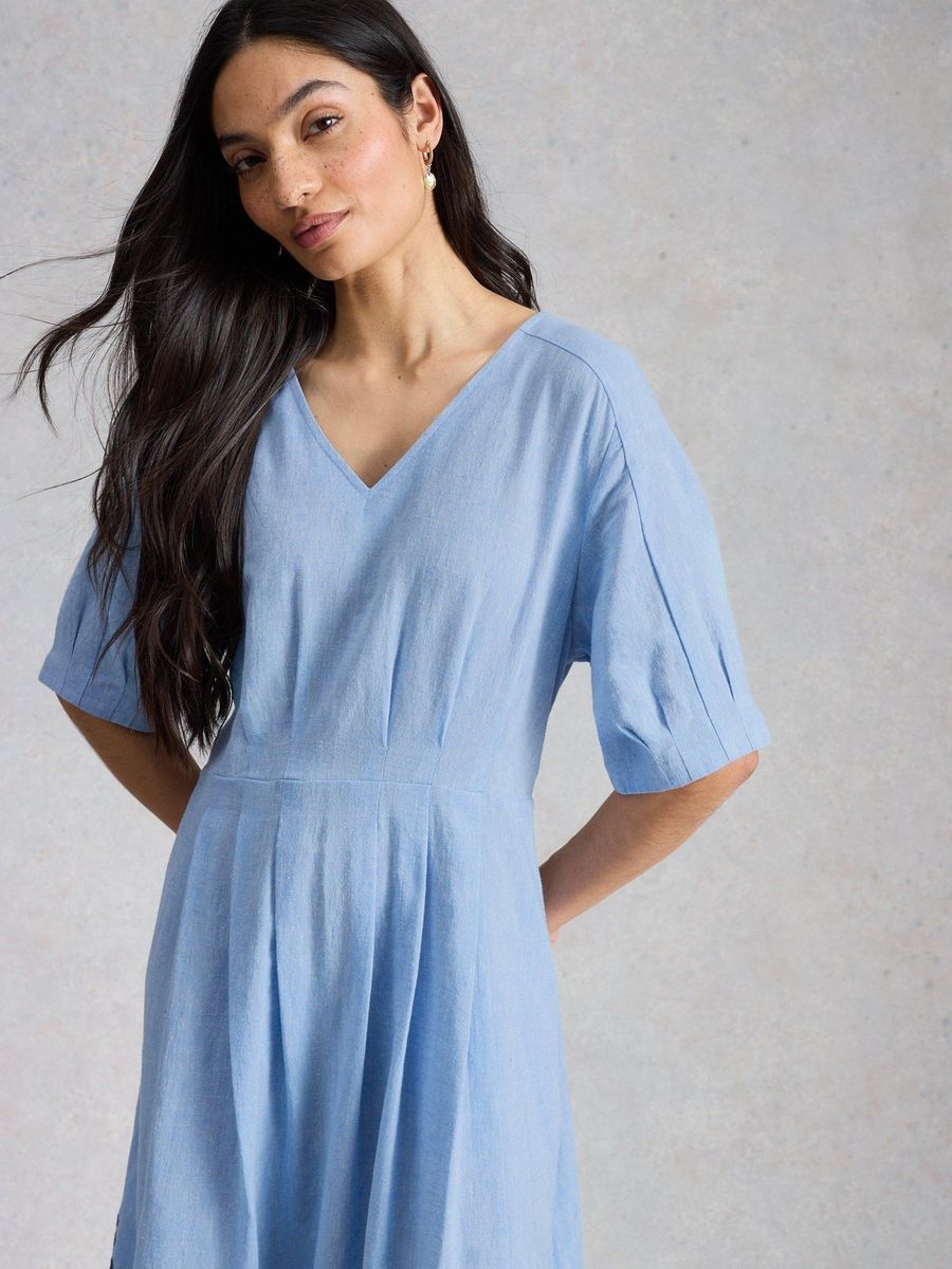 Besticktes Midikleid aus Baumwoll-Leinen