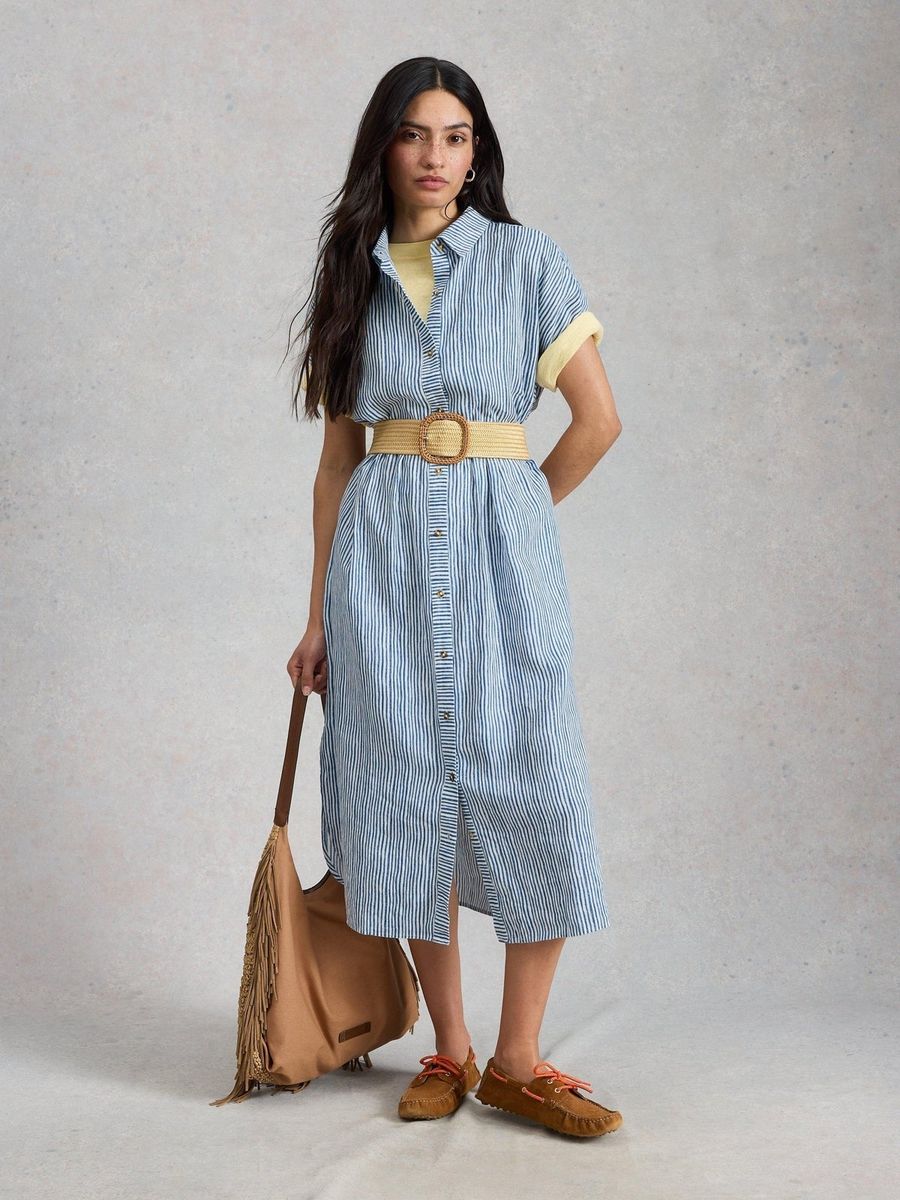 Gestreiftes Midikleid aus Leinen