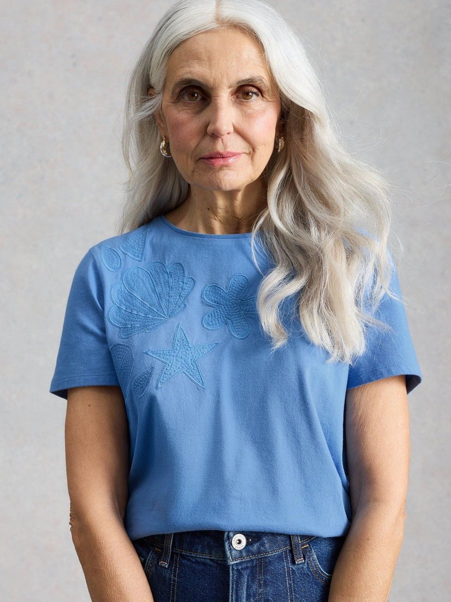 Besticktes Baumwollshirt mit Muschelmotiv