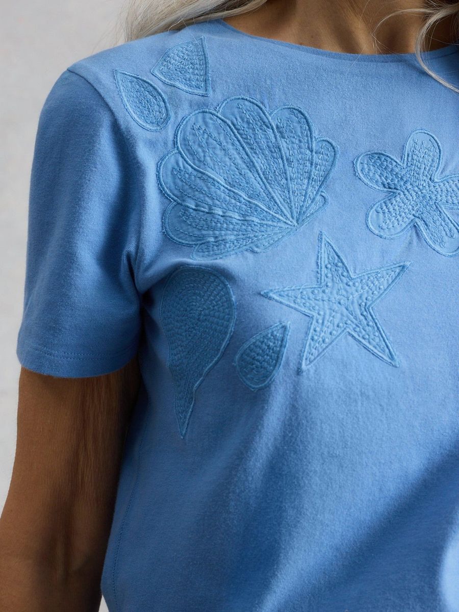 Besticktes Baumwollshirt mit Muschelmotiv