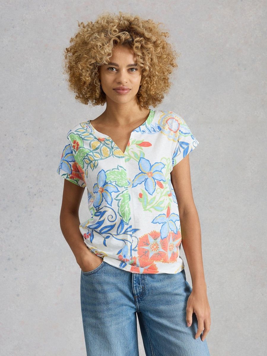 Baumwoll-T-Shirt mit Blumenprint und Keilausschnitt