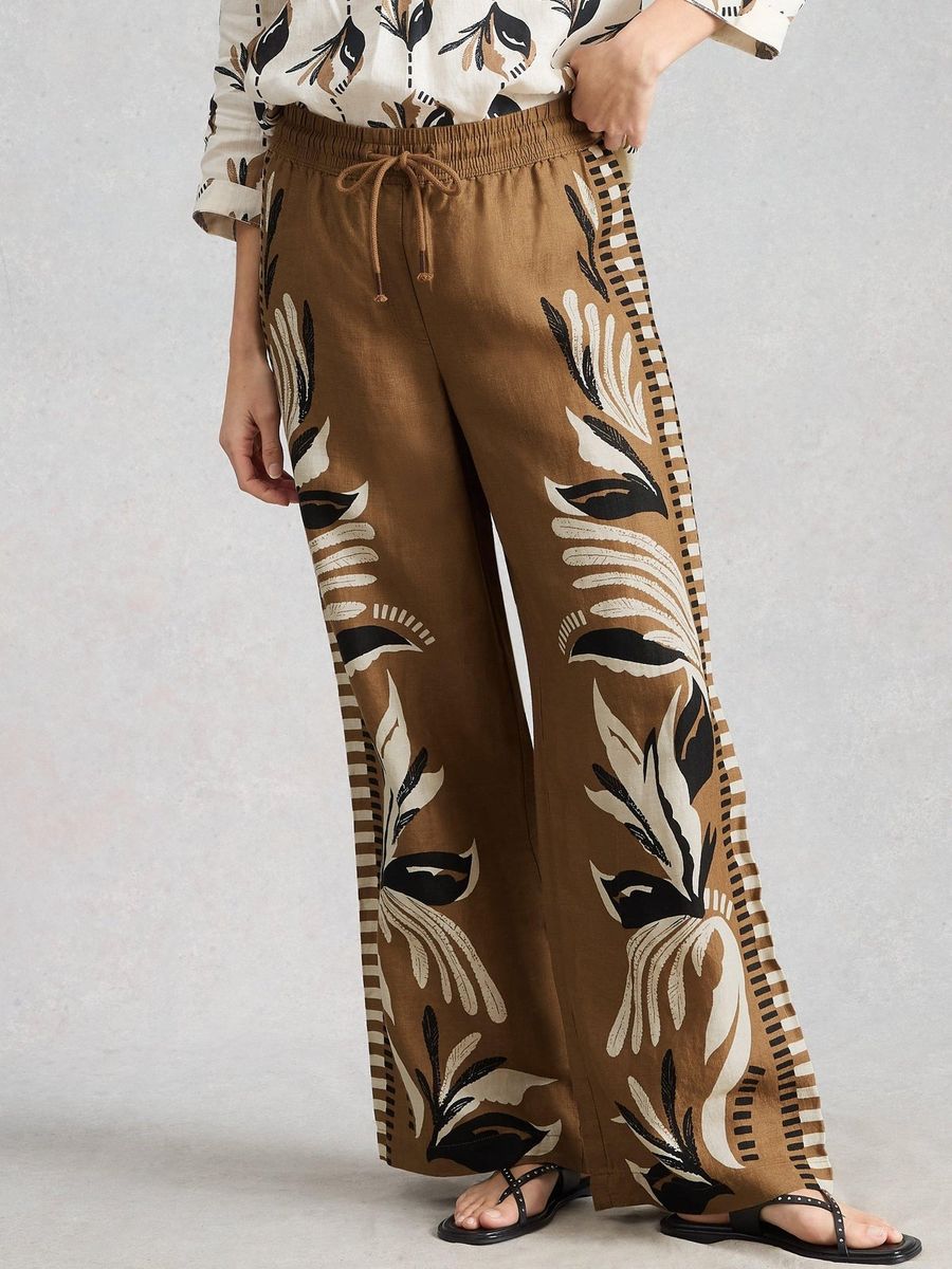 Bedruckte Leinenhose mit weitem Bein