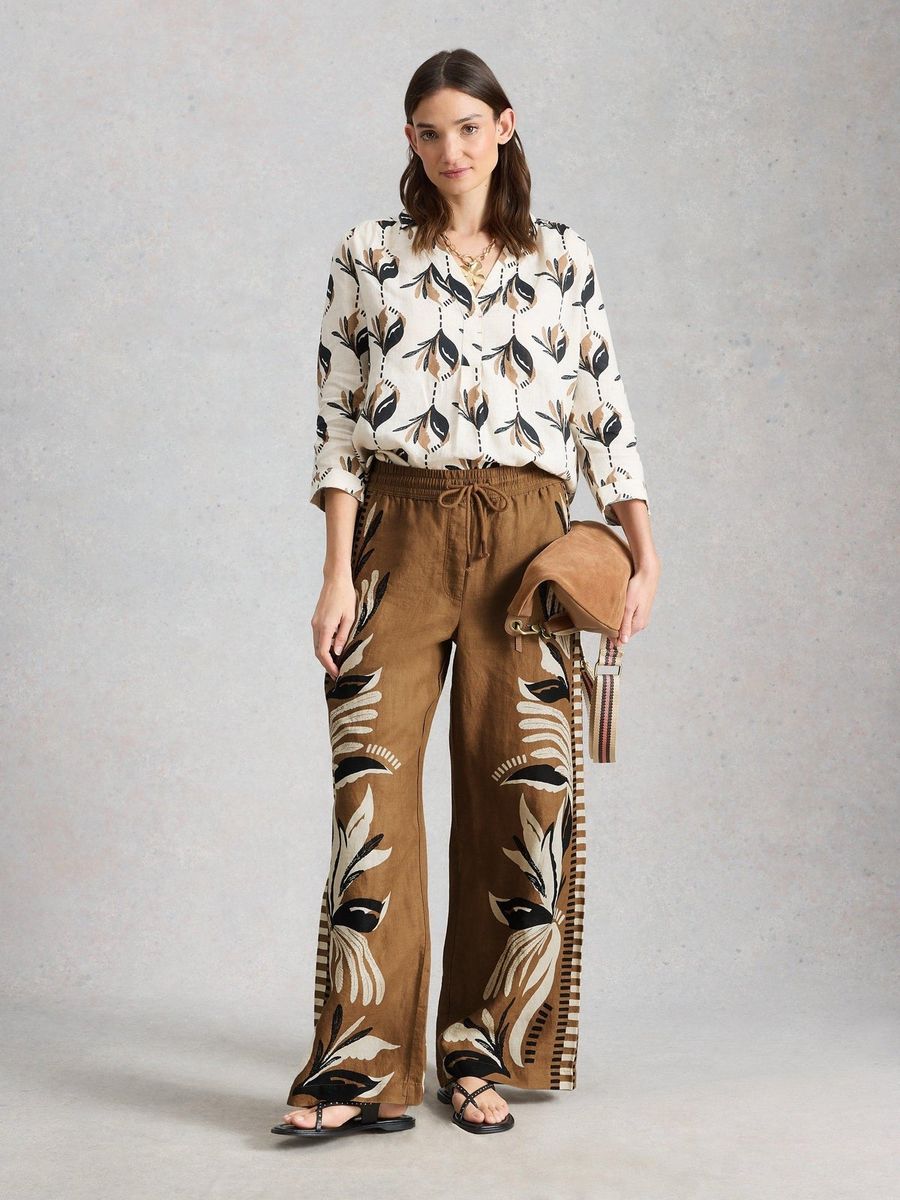 Bedruckte Leinenhose mit weitem Bein