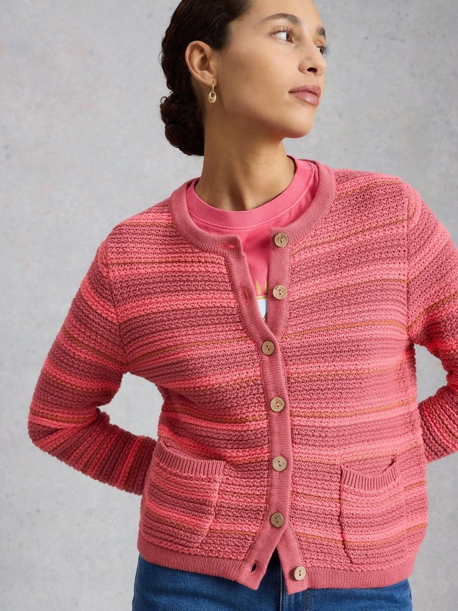 Gestreifte Bio-Baumwoll-Strickjacke mit Struktur