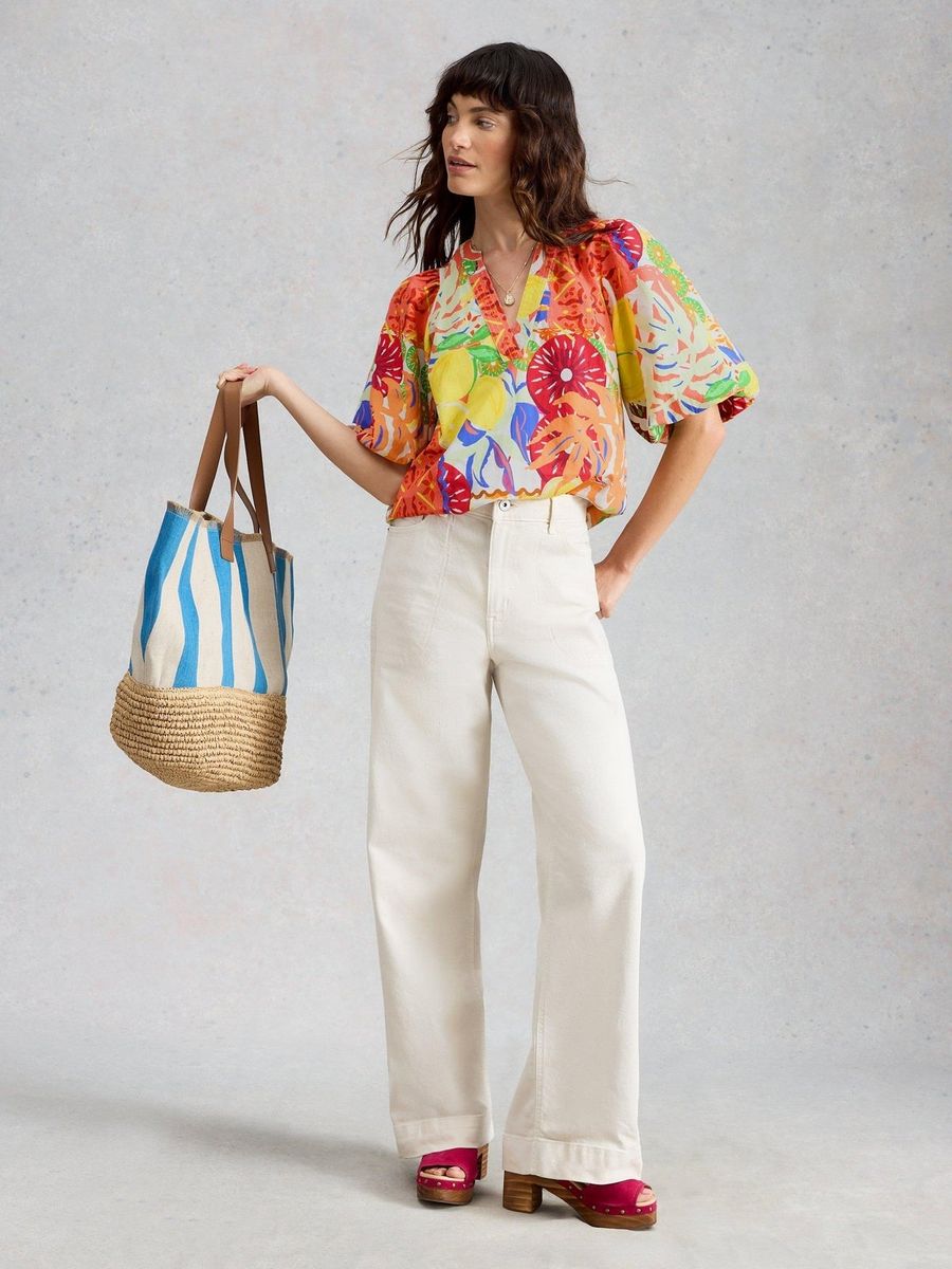 Farbenfrohe Baumwollbluse mit Fruchtprint