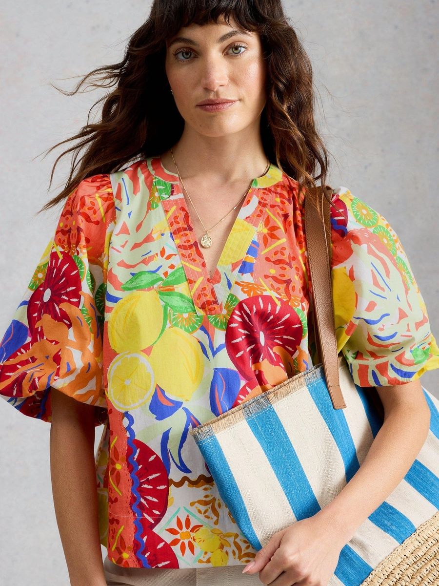 Farbenfrohe Baumwollbluse mit Fruchtprint