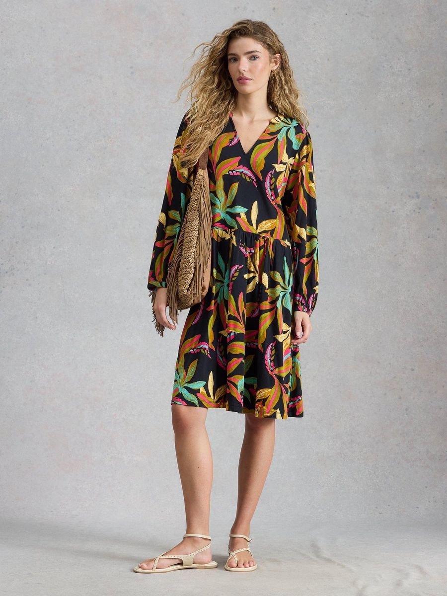 Fließendes Jerseykleid mit Tropenprint