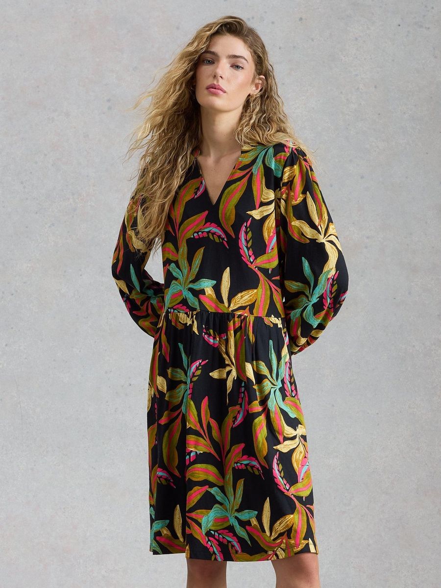 Fließendes Jerseykleid mit Tropenprint
