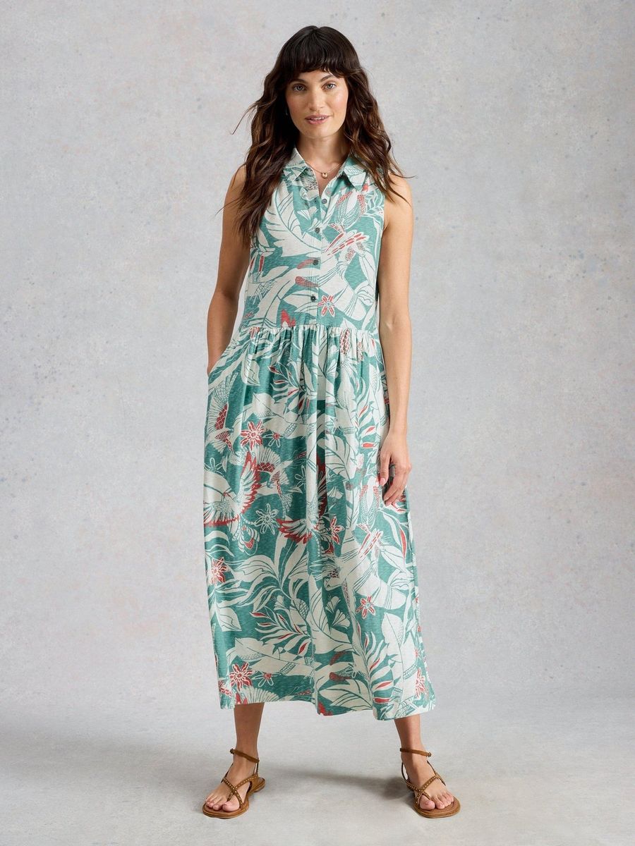 Ärmelloses Midikleid mit Tropenmuster