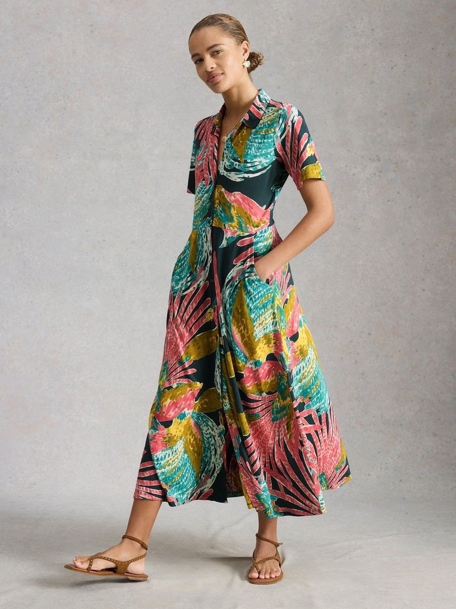 Buntes Hemdblusenkleid mit Tropenprint