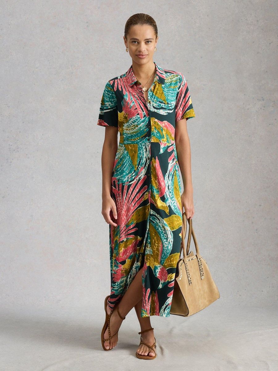 Buntes Hemdblusenkleid mit Tropenprint