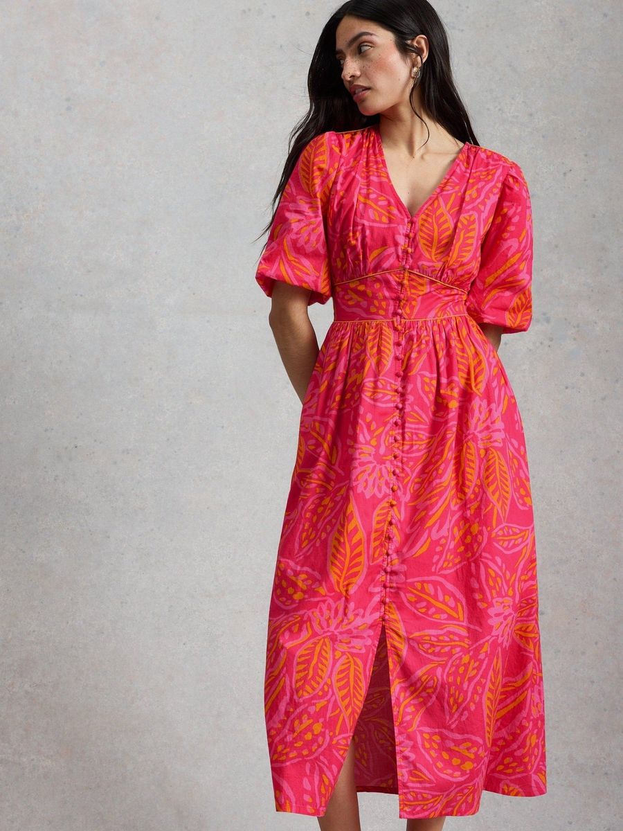 Farbenfrohes Midikleid mit Puffärmeln