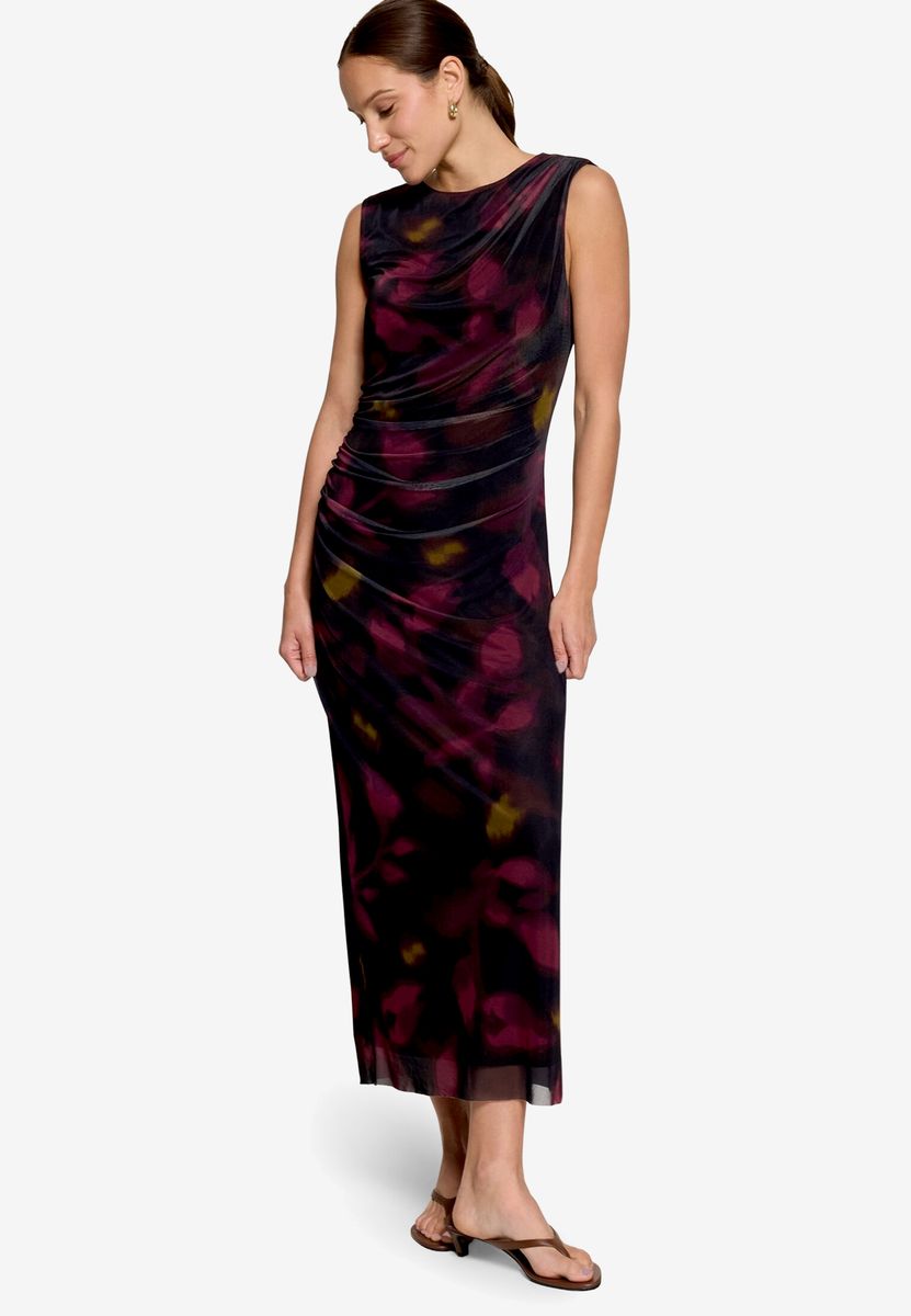 Drapiertes Mesh-Midikleid mit Blumenmuster