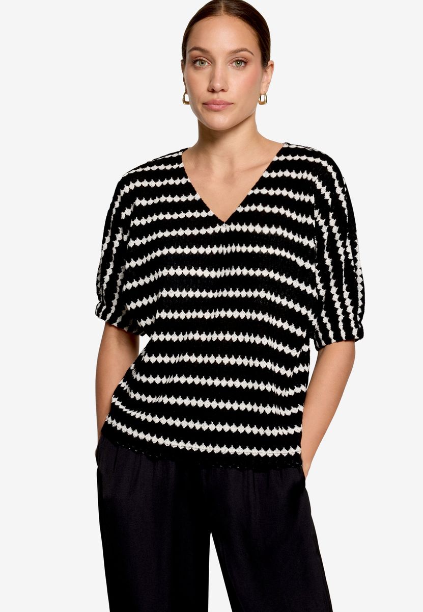 Strukturiertes V-Ausschnitt Strickshirt mit Streifen