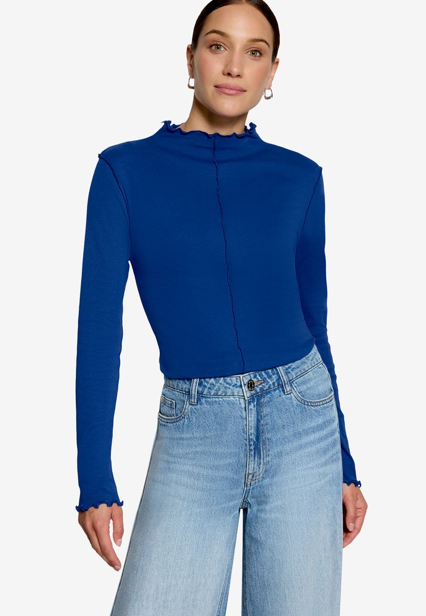 Langarmshirt mit Stehkragen und Wellensaum
