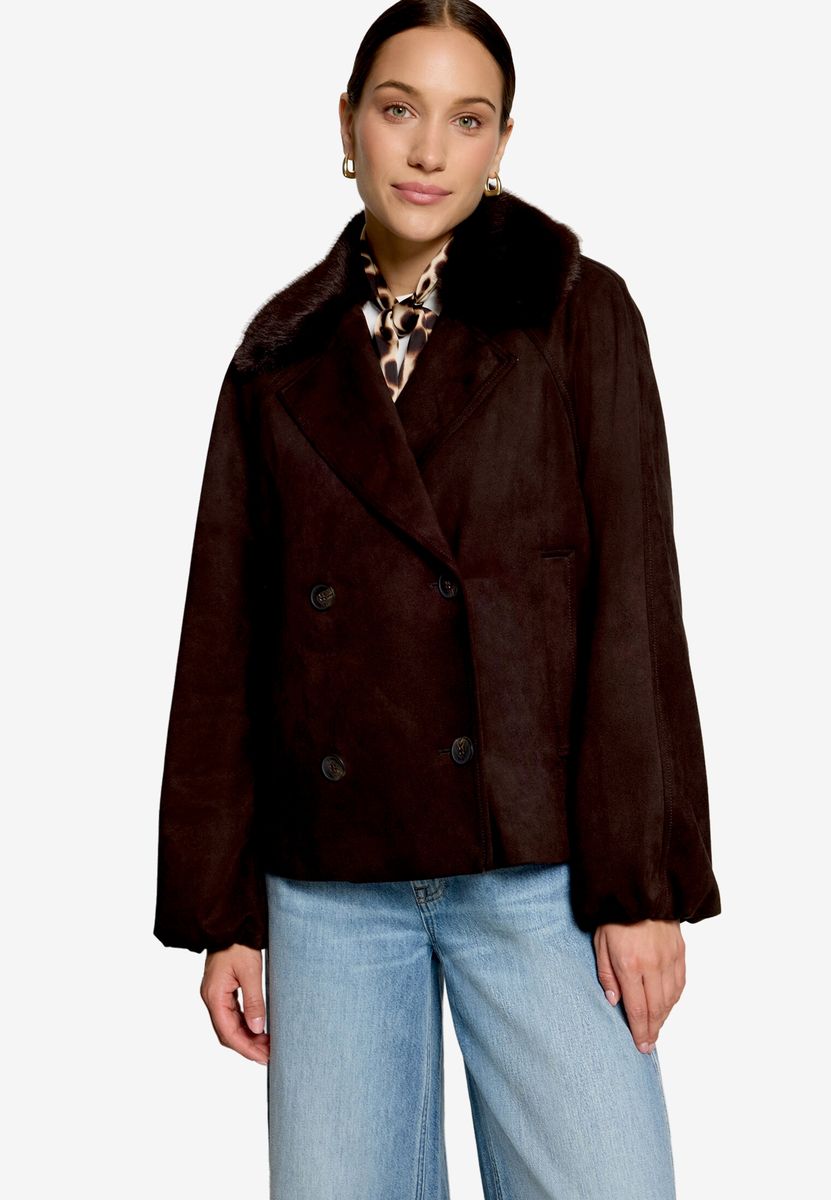 Zweireihige Jacke in Wildleder-Optik mit Fellkragen
