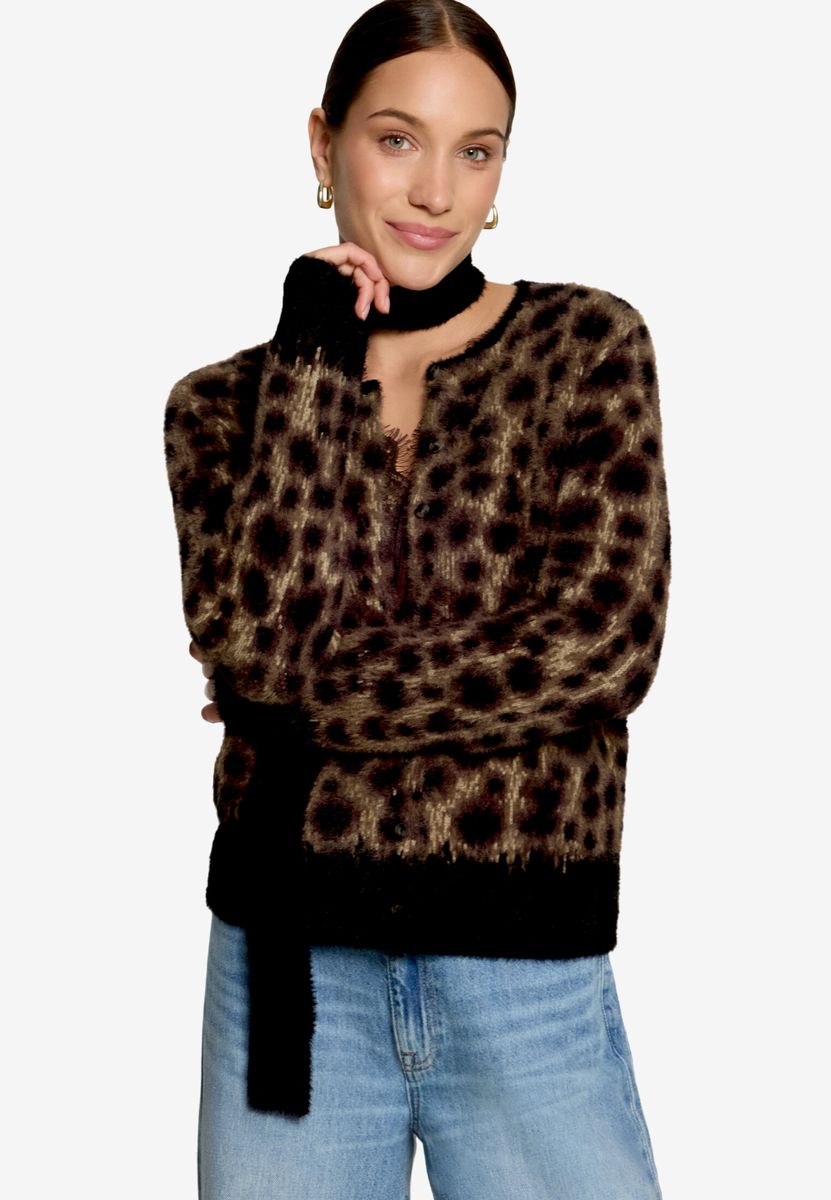 Flauschige Leo-Strickjacke mit Schal