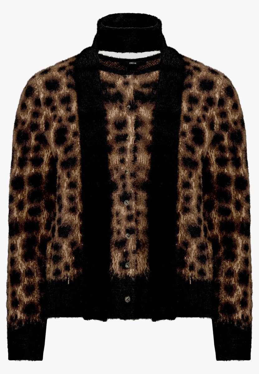 Flauschige Leo-Strickjacke mit Schal
