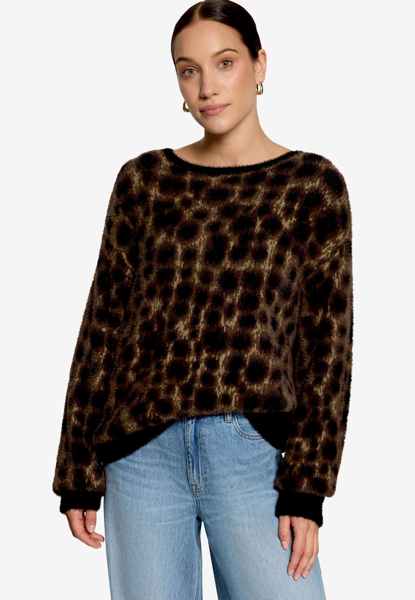 Flauschiger Crewneck-Pullover mit Leopardenmuster