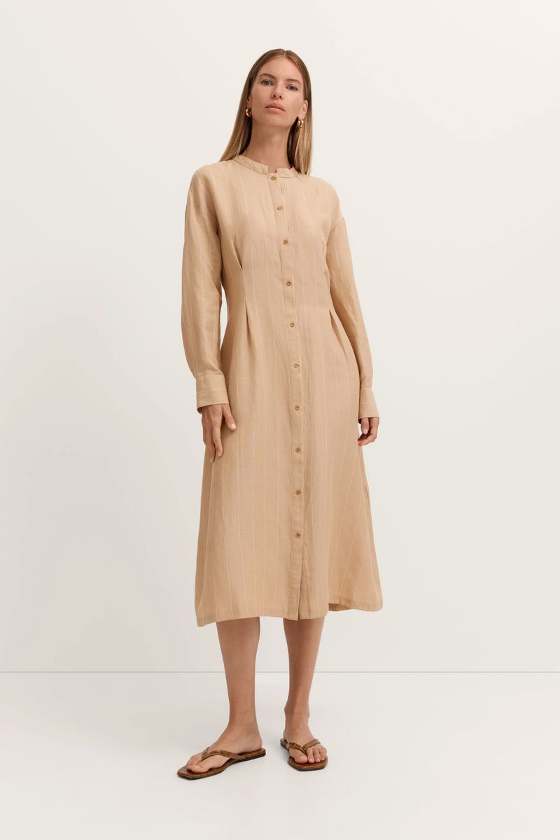 Gestreiftes Leinen-Mischung Hemdblusenkleid