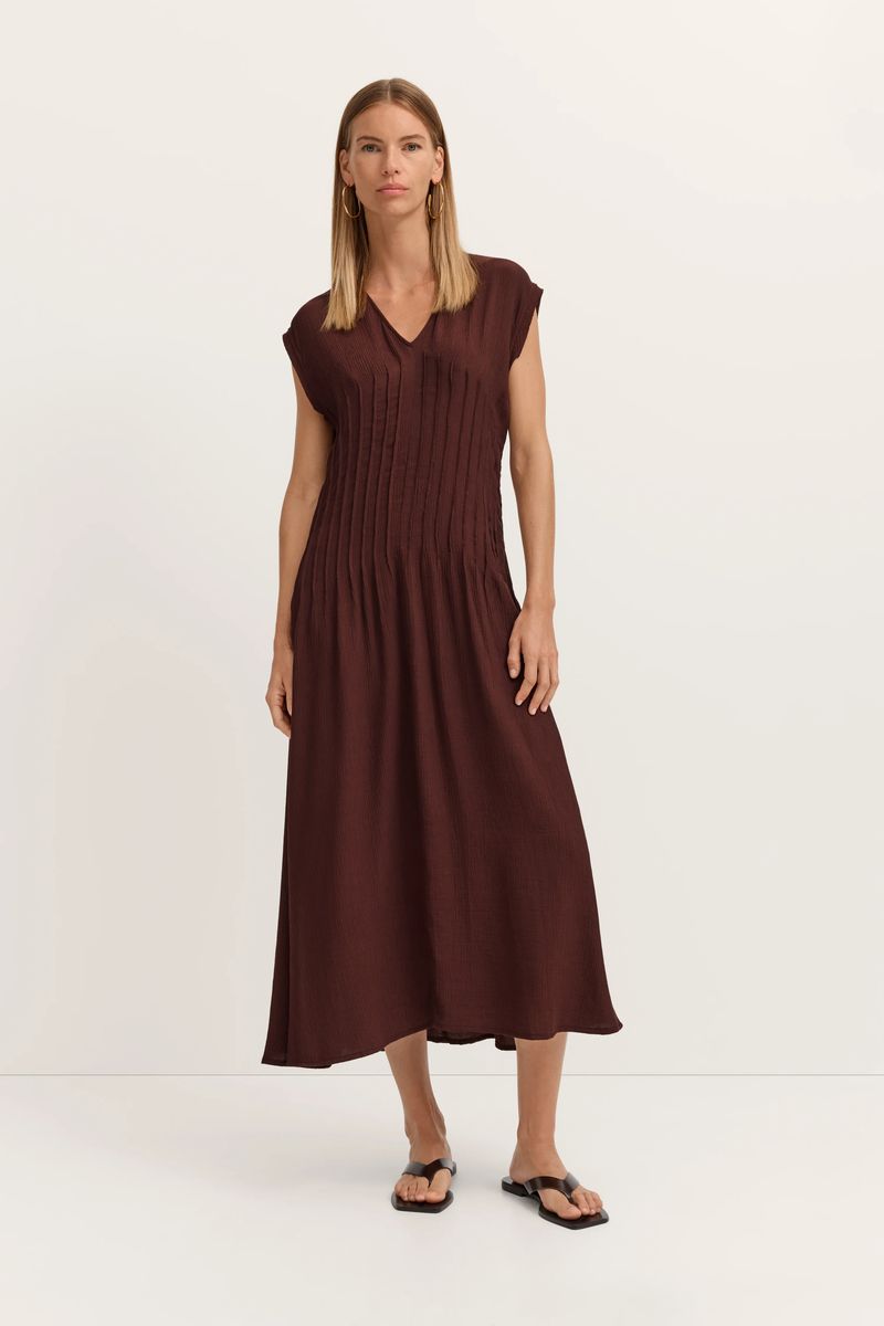 Plissiertes Viskose-Midikleid mit V-Ausschnitt