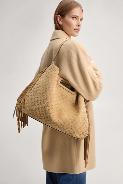 Große geprägte Wildledertasche mit Fransen