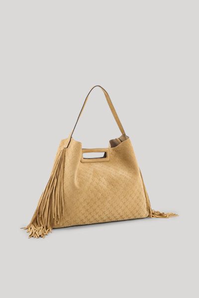 Große geprägte Wildledertasche mit Fransen