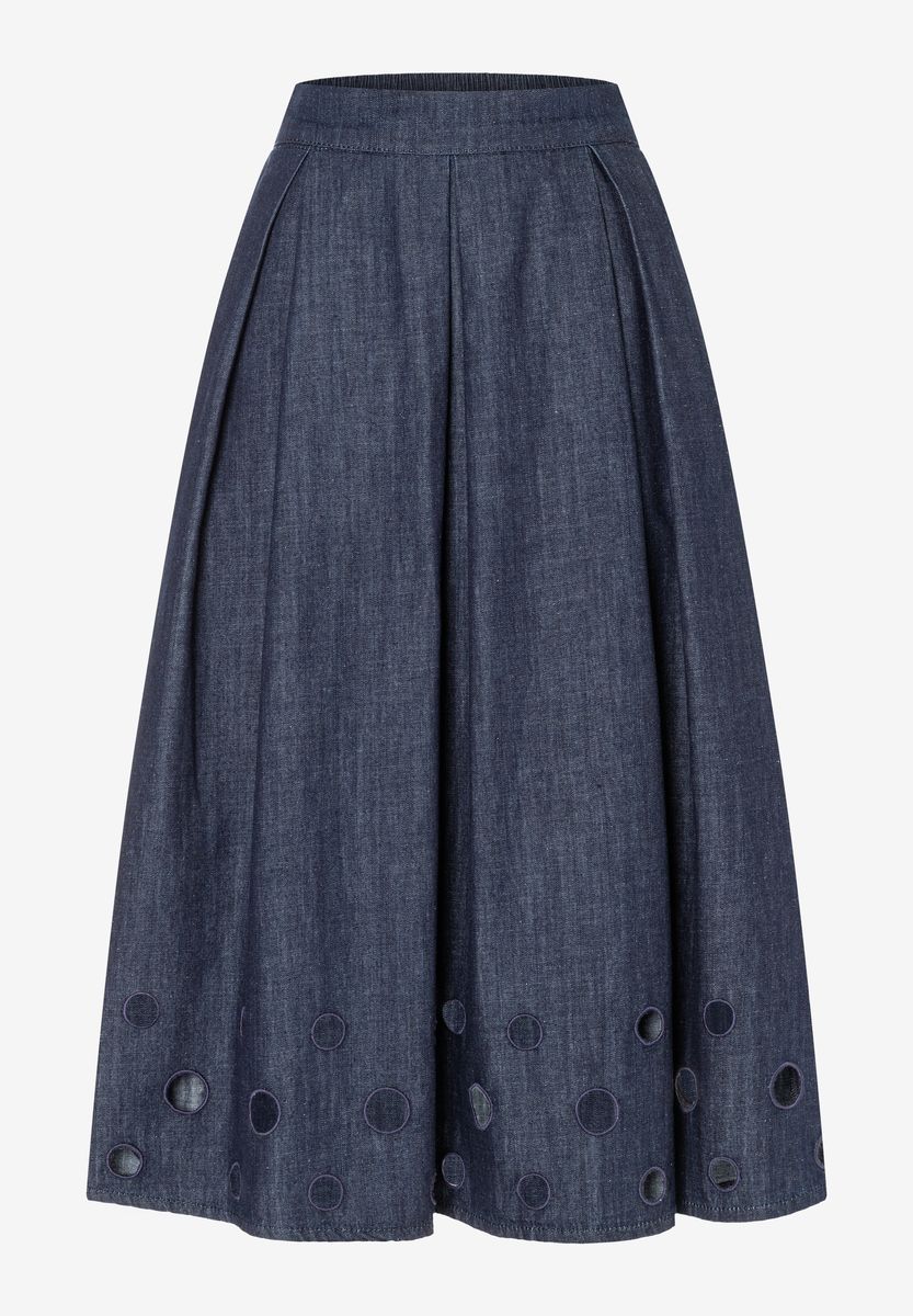 Midi-Jeansrock mit Indigo-Lochstickerei