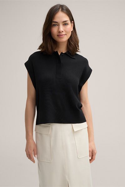 Ärmelloses Feinstrick-Poloshirt aus Seidenmix